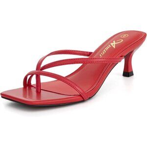 Athlefit Women's Red Polyurethane Square Open Toe Kitten Heels Thong Sandals